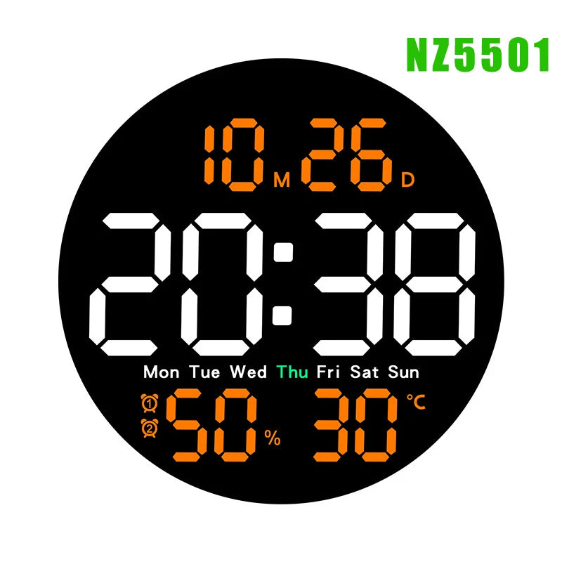 Digital LED Wall Clock with Dual Alarms,Calendar,Temperature and Humidity. Brightness Adjustable
