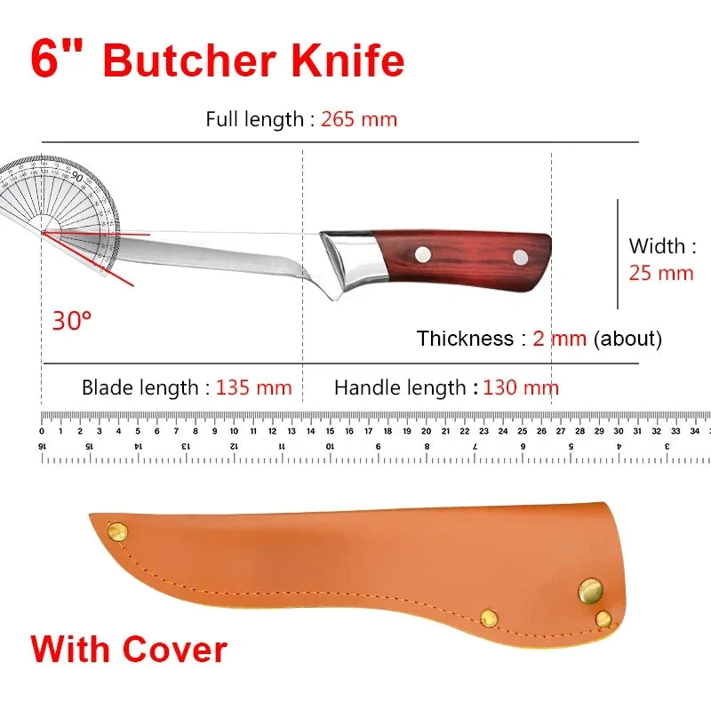 Stainless Steel Kitchen Meat Cleaver Boning Knife Fruit Paring Knife Plastic Handle Pork Beef Sheep Fish Cutter Knife with Cover