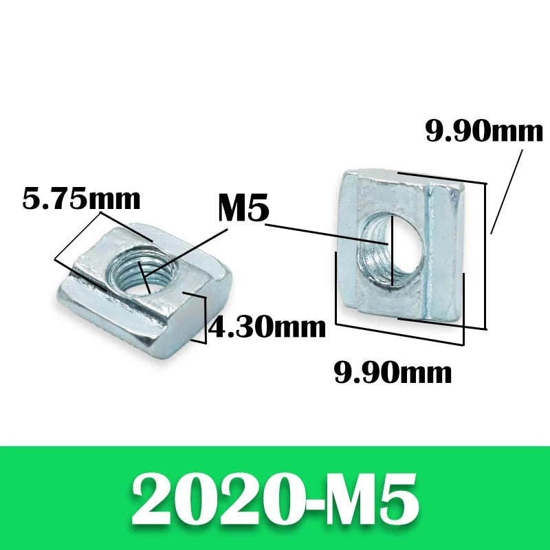 200p/set 2020 M3 M4 M5 T Slide Nut Galvanized T-Slot Sliding Nut in Connection 20 Series Aluminum Extrusion Profile Square Nut