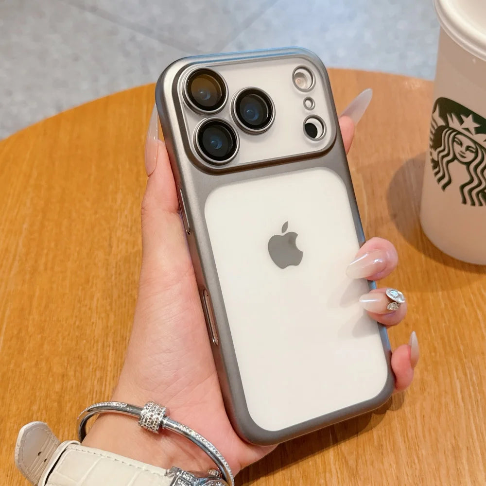 Electroplating Large Window Matte Case For iPhone 17 16 15 14 13 Pro Max Air Ultra Thin Transparent PC Hard Lens Film Cover
