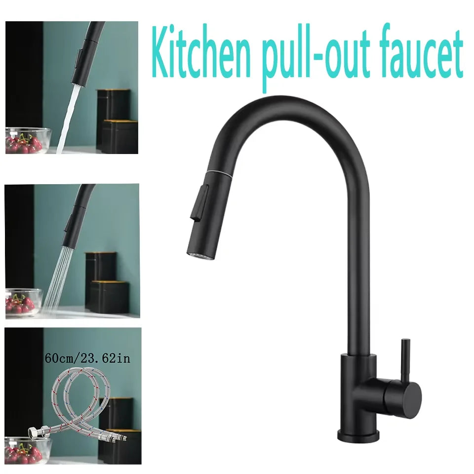 Stainless Steel Kitchen Faucet Single Hole Pull Out Spray 360° Swivel Sink Faucet High Arc Modern Design