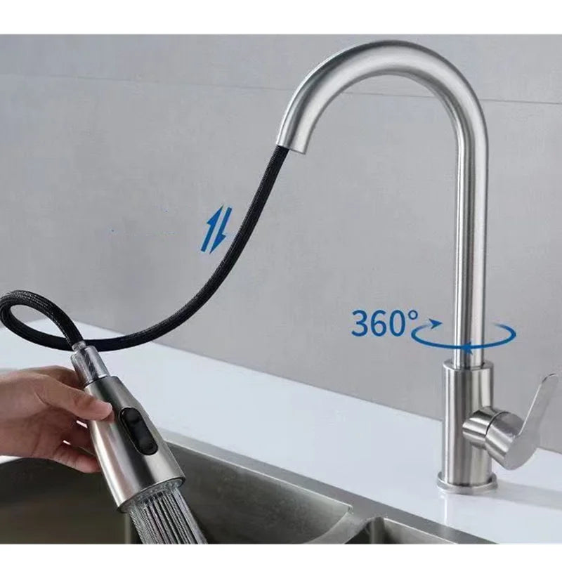 Stainless Steel Kitchen Faucet Single Hole Pull Out Spray 360° Swivel Sink Faucet High Arc Modern Design