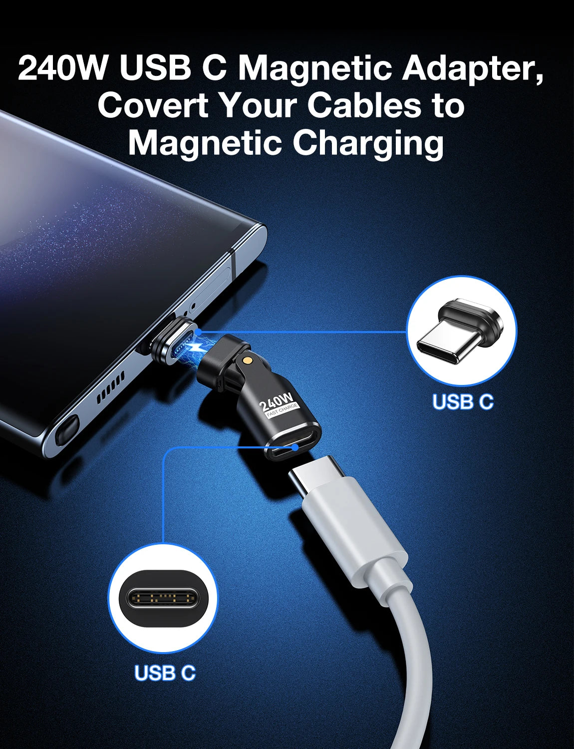 AUFU 240W Type C Adapter 16Pin USB-C to Type-C Fast Charging Cable Magnetic USB C Female Converter for Macbook iPhone 16 15 Xiao
