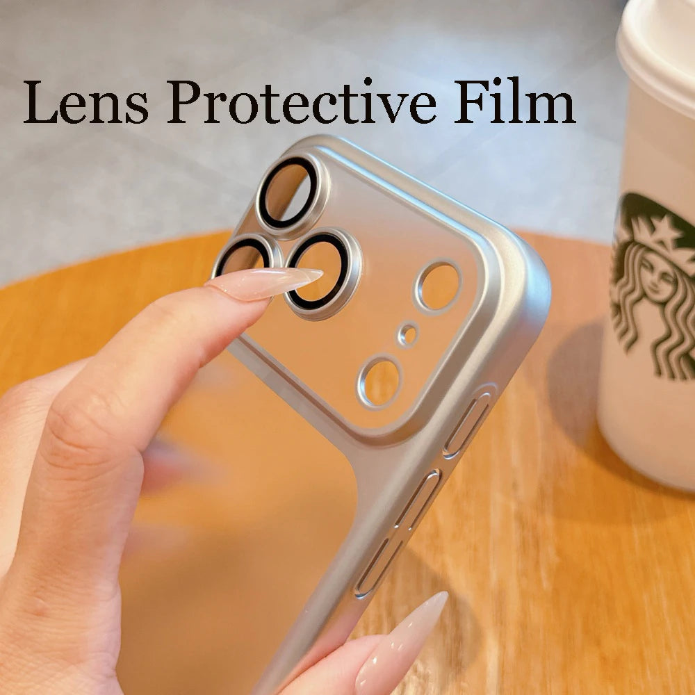 Electroplating Large Window Matte Case For iPhone 17 16 15 14 13 Pro Max Air Ultra Thin Transparent PC Hard Lens Film Cover