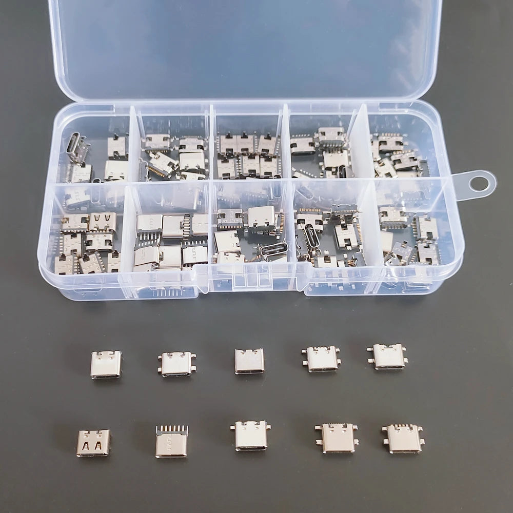 100Pcs/box 10Models USB Type C Female Socket 6/16 Pin Connector Soldering SMD SMT PCB DIY Repair USB Type-C Adapter