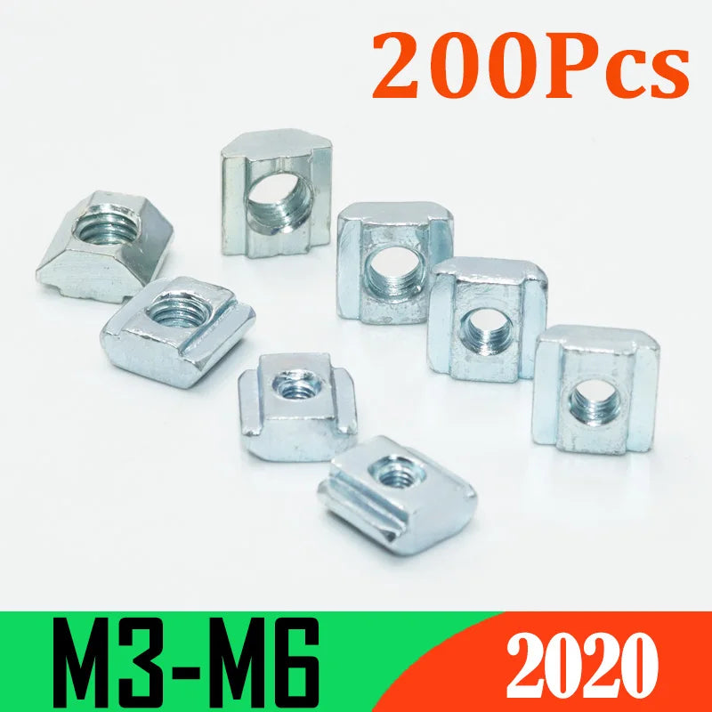 200p/set 2020 M3 M4 M5 T Slide Nut Galvanized T-Slot Sliding Nut in Connection 20 Series Aluminum Extrusion Profile Square Nut