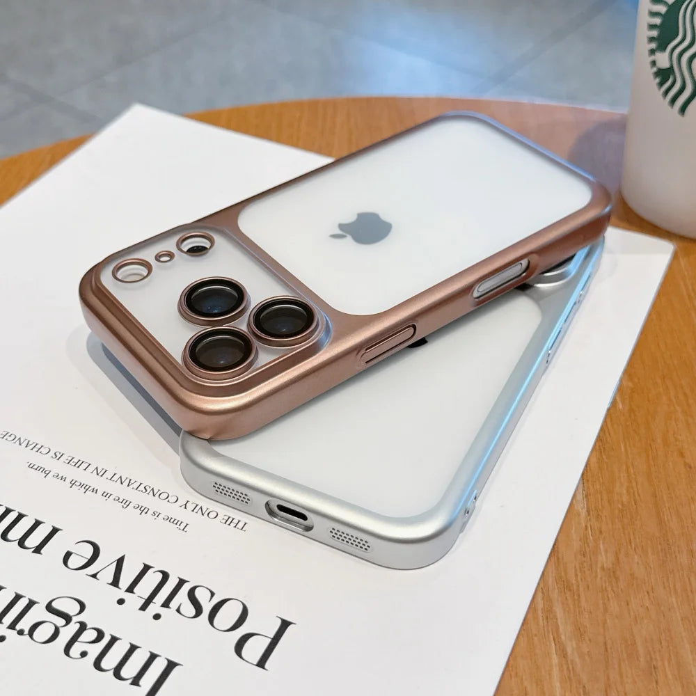 Electroplating Large Window Matte Case For iPhone 17 16 15 14 13 Pro Max Air Ultra Thin Transparent PC Hard Lens Film Cover