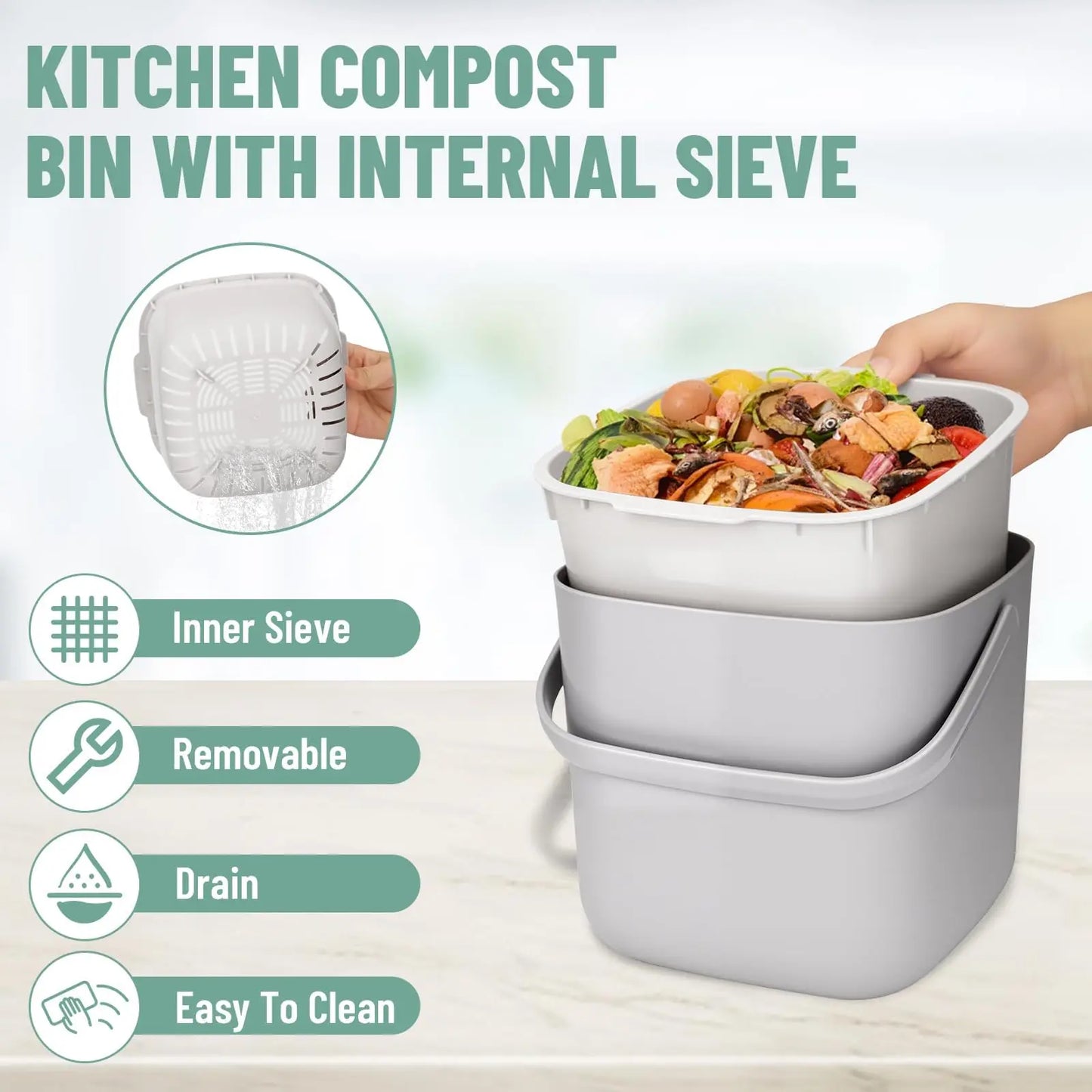 Kitchen Organic Waste Bin with Lid, Compost Bin for Everyday Organic Waste Containers, Odour-proof, Easy To Clean.