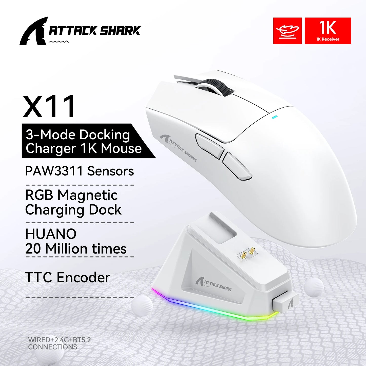 Attack Shark X11 Gaming Mouse,Tri-Mode Connection, PixArt PAW3311, Touch Magnetic Charging Base, Wireless Mouse