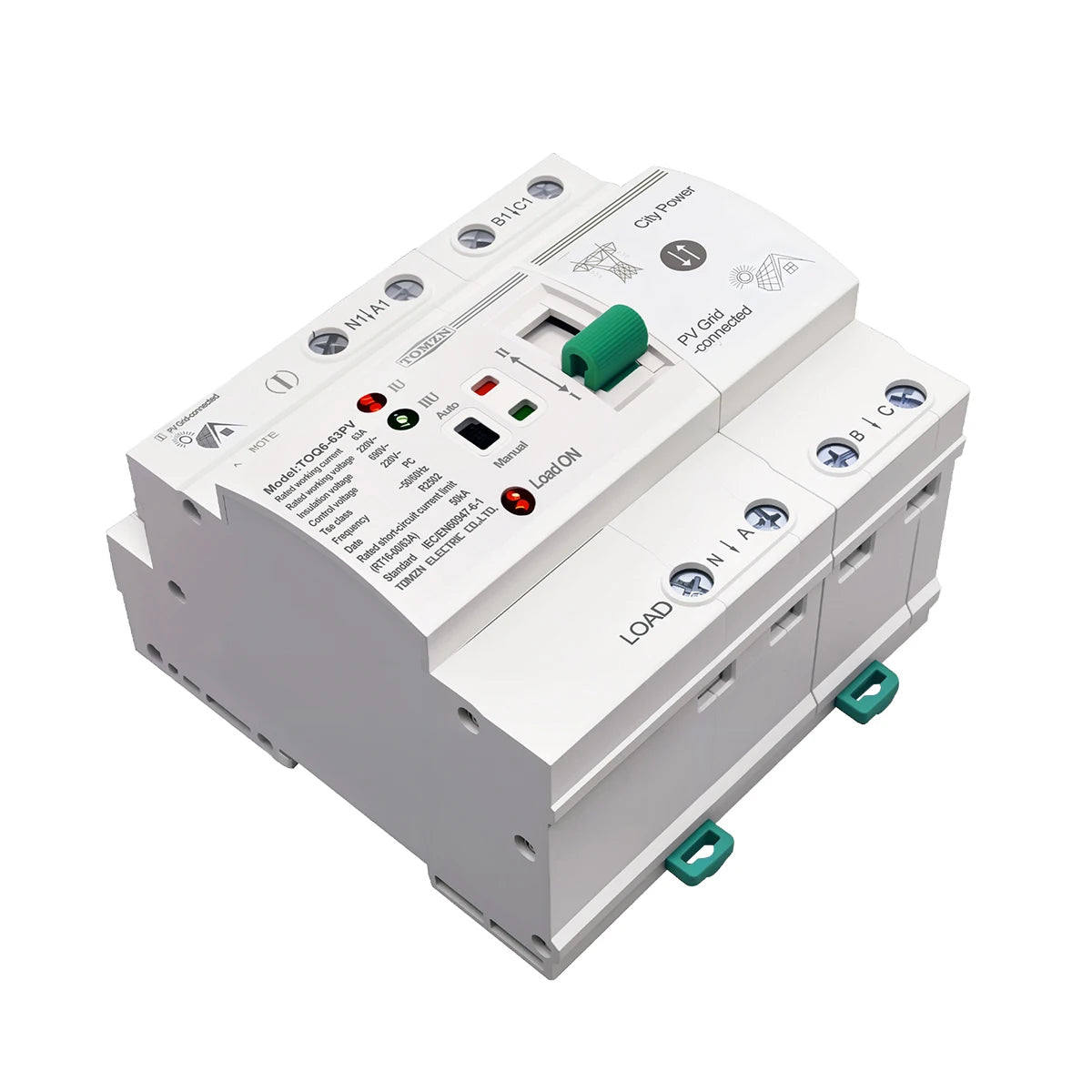 TOMZN Din Rail Small Size PV ATS 2P4P 63A 230V Dual Power Automatic Transfer Electrical Selector Switch Uninterrupted
