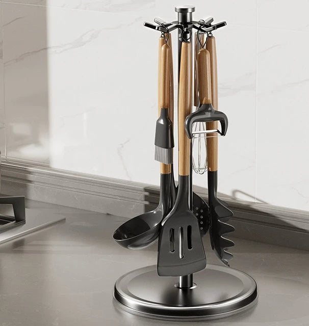 Kitchen Utensil Stand: Rotating Storage Hanger with 8 Hooks,for Countertop Organization Rotatable Cooking Utensils Holder