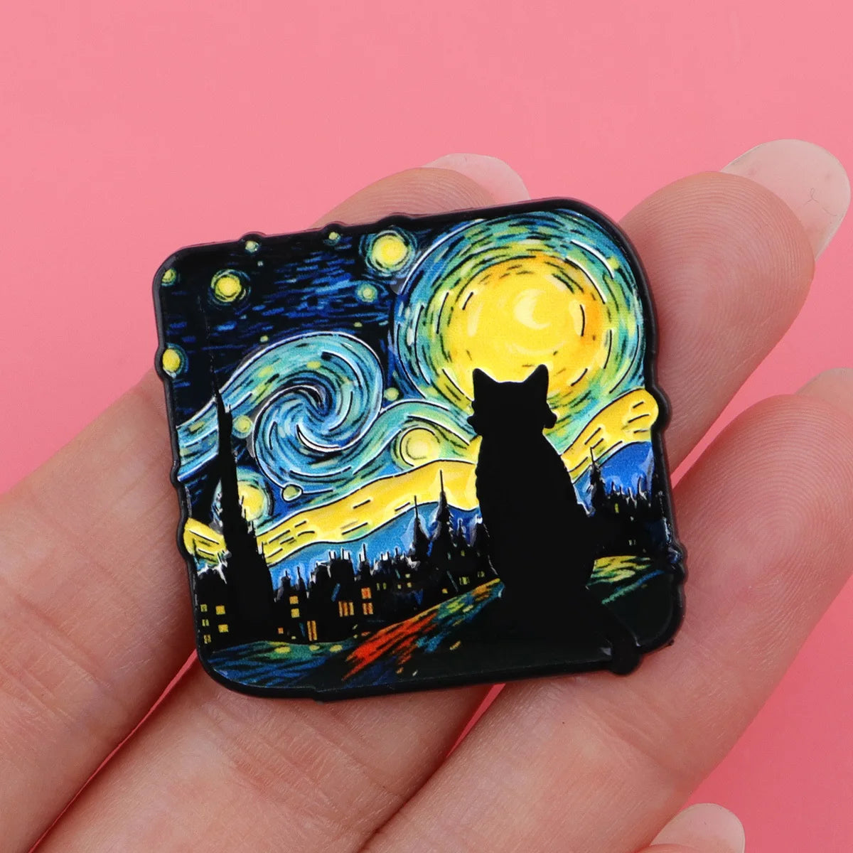 Starry Night Cat Silhouette Brooch - Van Gogh Style Art Enamel Pin Badge Fashion Jewelry Gifts