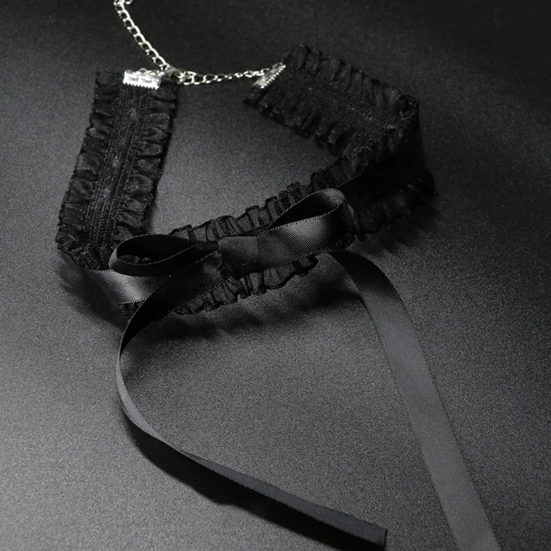 Black Lace Choker For Women Girls Gothic Bowknot Choker With Long Ribbon Lolita Clavicle Chain Necklace Halloween Jewelry Gift