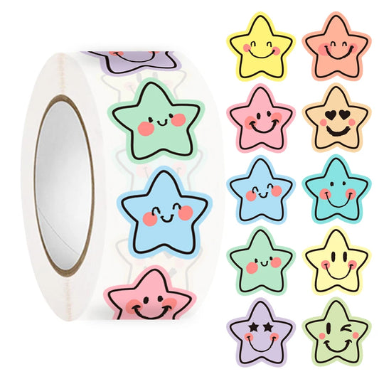 500 Pcs Colorful Star Expression Stickers Roll - Pastel Aesthetic Star-Shaped Labels with Cheerful Design, Self-Adhesive