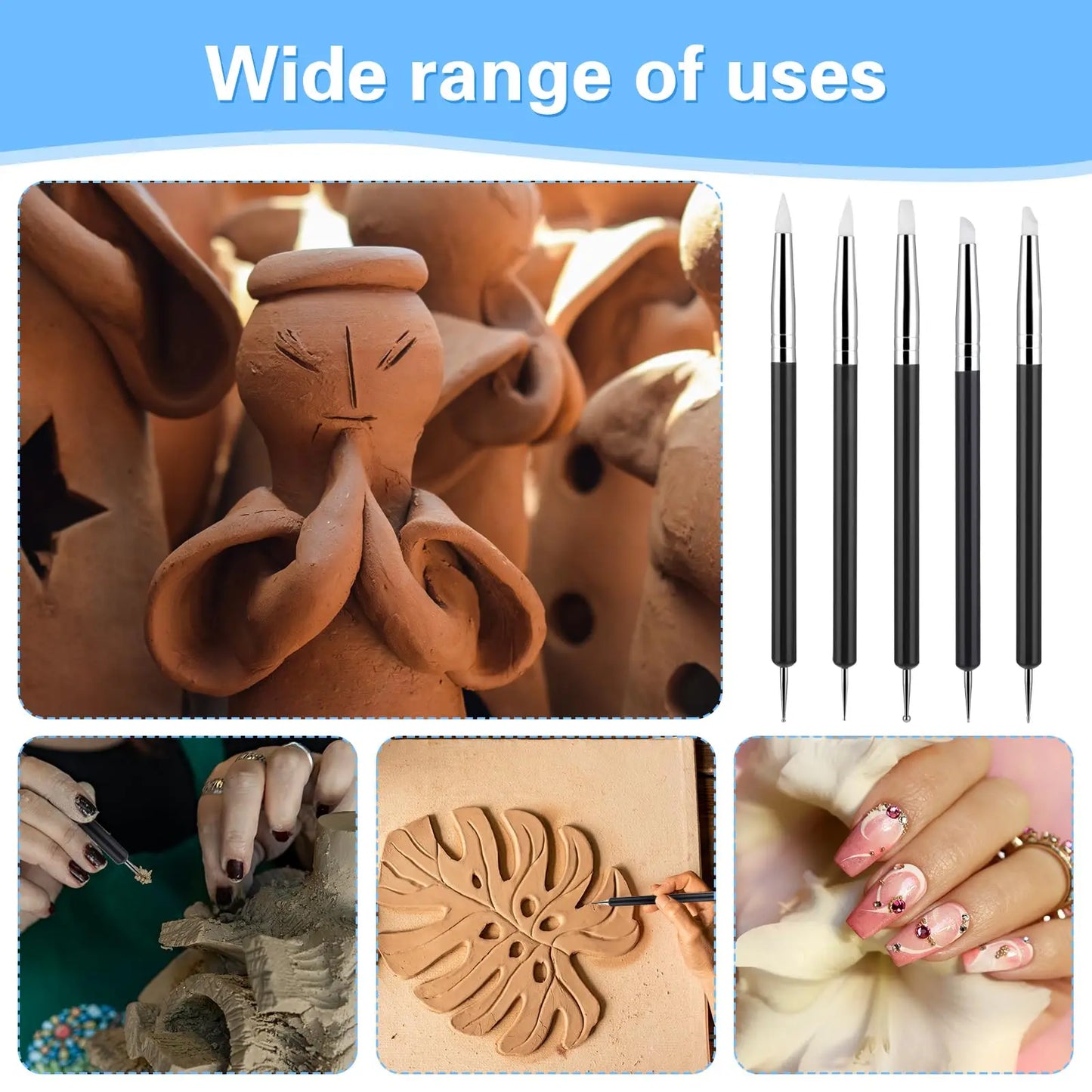 5 Pcs Clay Sculpting Tools, Silicone Polymer Clay Tools Soft Rubber Tip Paint Brush Clay Modelling Carving Dotting Tool