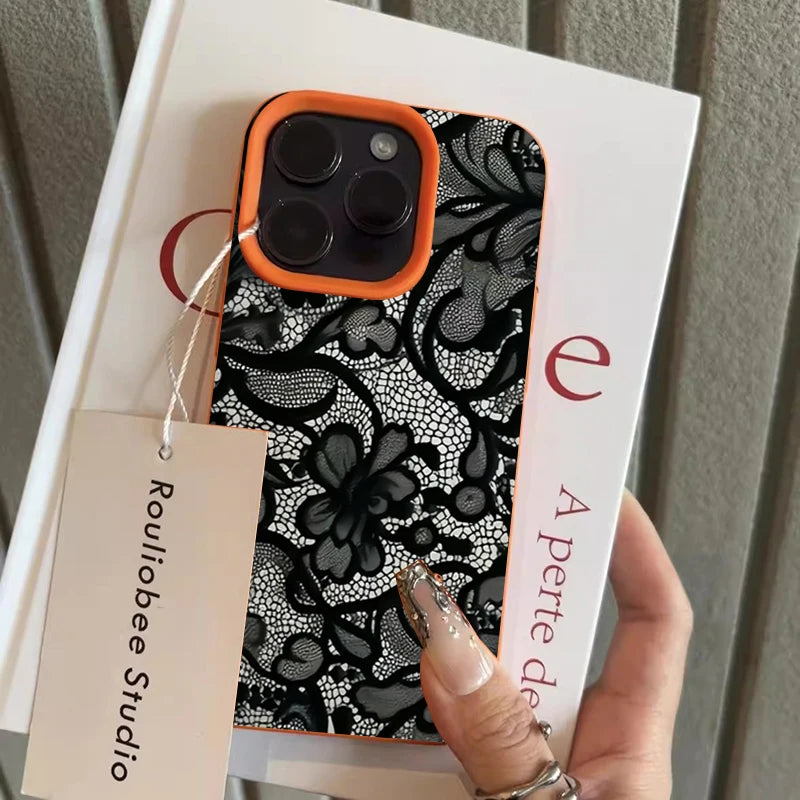 Black Lace Pattern Phone Case For iPhone 17 Pro Max 16 15 14 Plus 13 12 11 Pro Max 16E 17Air X XR XS Max Shockproof Soft Cover