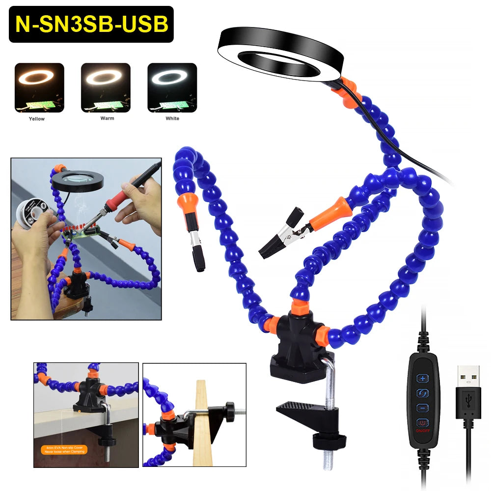 Toolour Helping Hands Soldering Third Hand Tools 5 Flexible Arms With Adjustable Table Clamp 3X LED Magnifier PCB Holder Tool