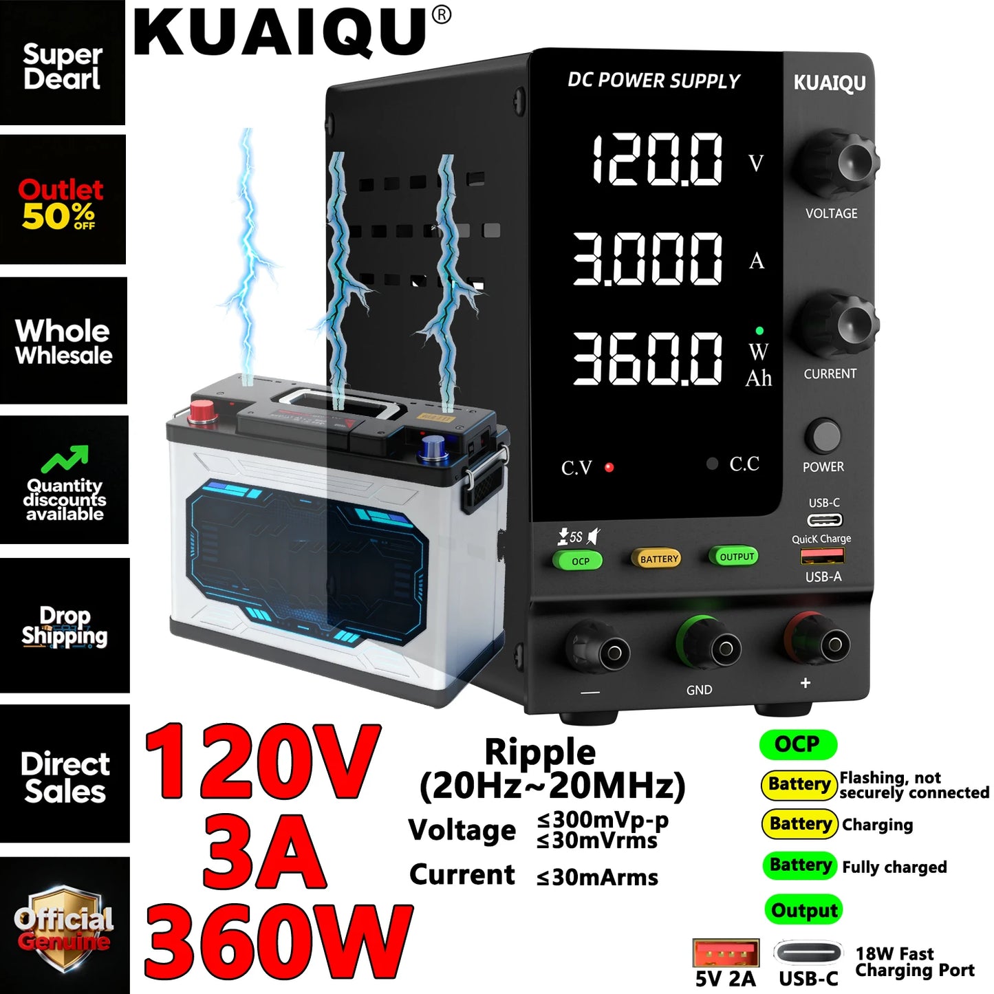 KUAIQU Official DC Power Supply Variable, 30V 60V 120V Adjustable Regulated Lab Power Supplies with OCP/OVP/Output/Encoder