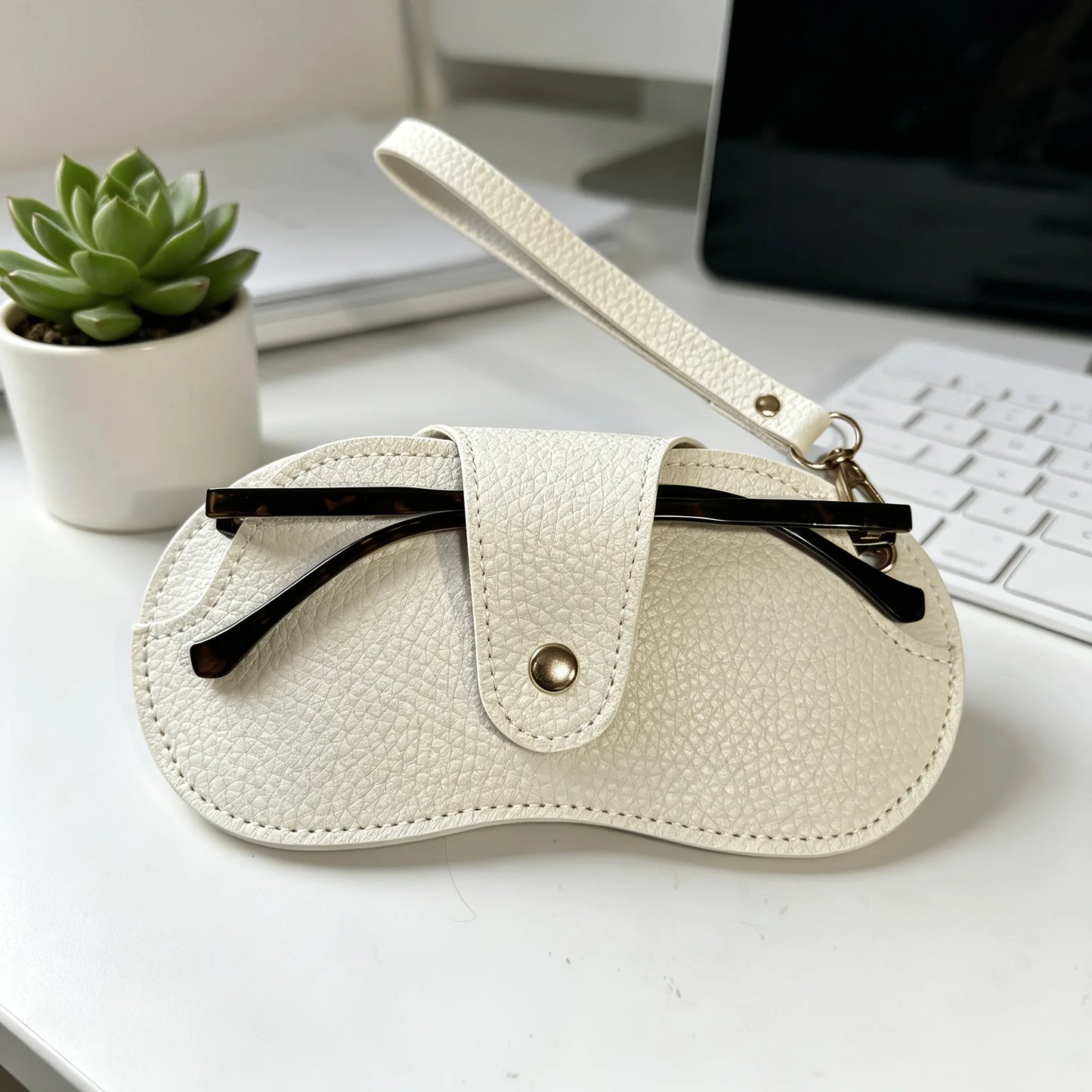PU Leather Glasses Bag Portable Eyewear Storage Pouch Hanging Neck Sunglasses Case with Keychain for Women Men Travel