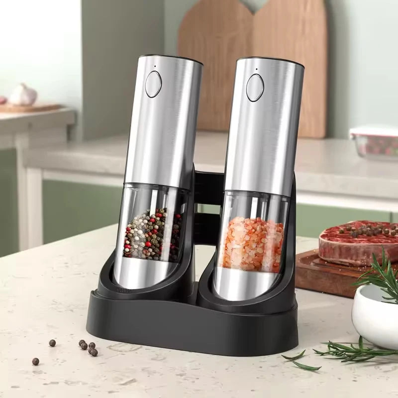 1/2 Pcs Electric Automatic Salt & Pepper Grinder with Spice Mill Storage Bins Kitchen Adjustable Grinding Tool