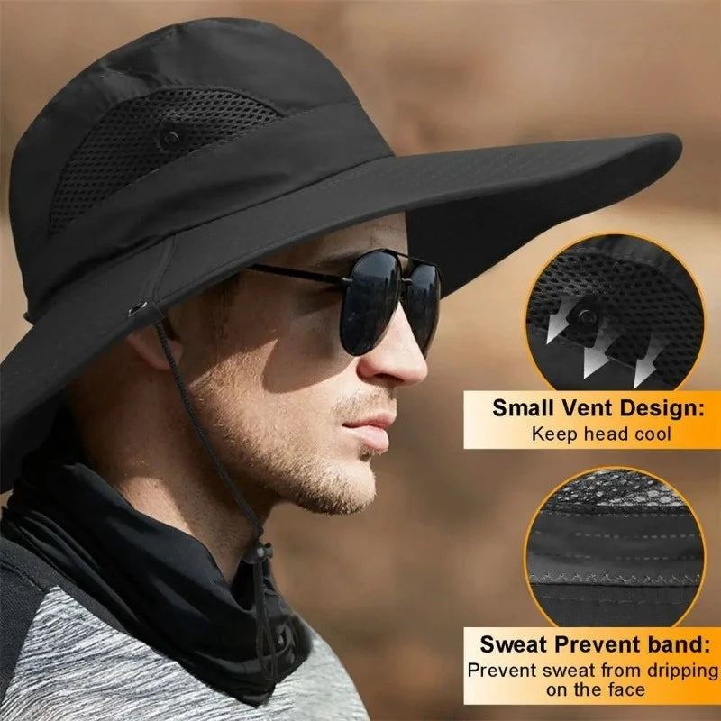 Men Women Wide Visor Brim Hat Boonie Bucket Cap Summer Fishing UV Sun Protection Breathable Caps 15CM Large Brim