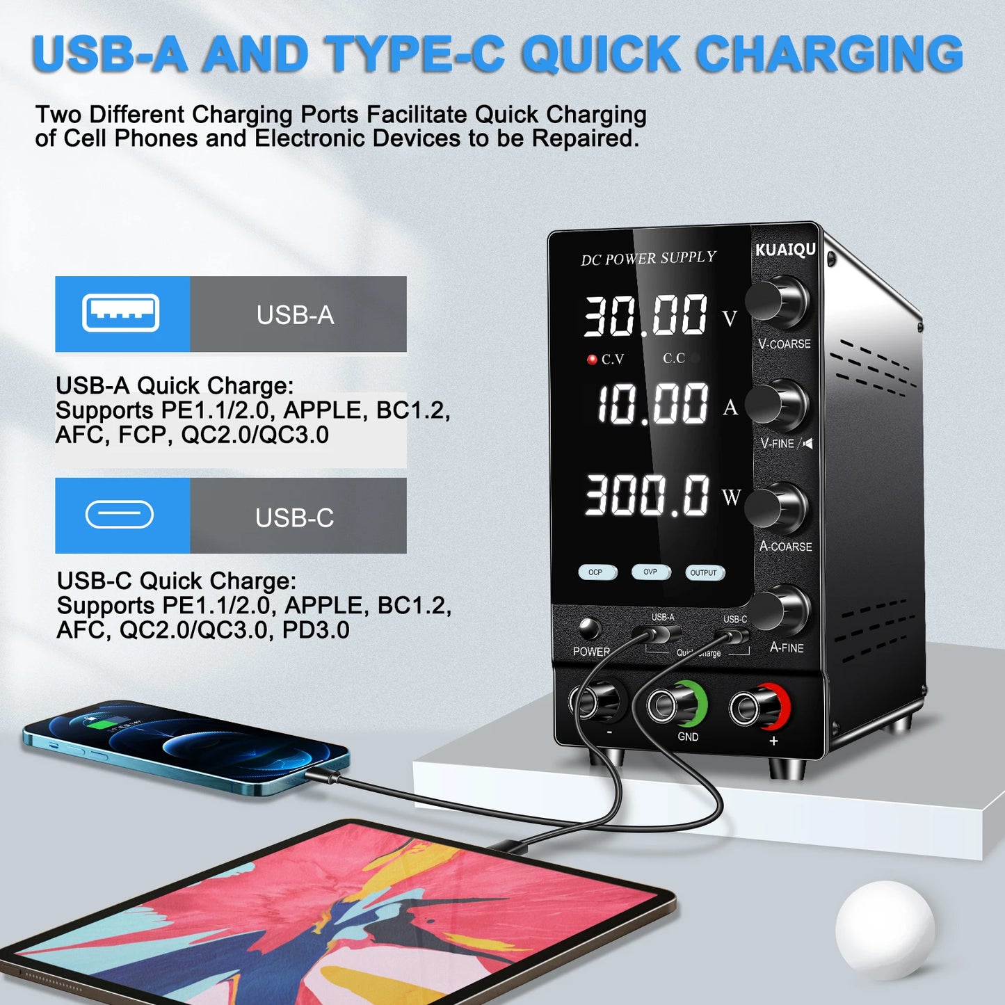 KUAIQU Official DC Power Supply Variable, 30V 60V 120V Adjustable Regulated Lab Power Supplies with OCP/OVP/Output/Encoder