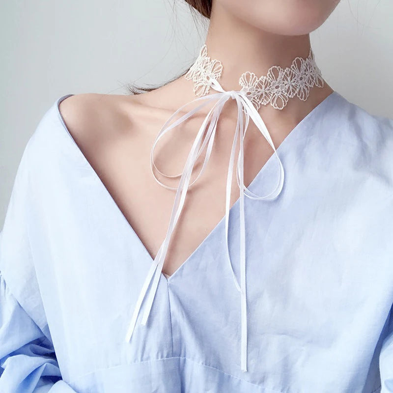 Black Lace Choker For Women Girls Gothic Bowknot Choker With Long Ribbon Lolita Clavicle Chain Necklace Halloween Jewelry Gift