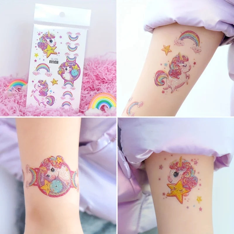 Wholesale 12 Sheets Temporary for Girls, Glitter Birthday Unicorn Tattoos Favors,Rainbow Unicorn Party Decor Supplies