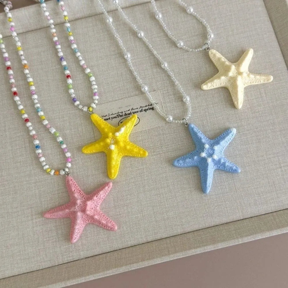 Cute Bohemian Starfish Necklace Beach Surfer Dopamine Bead Trendy Beach Necklace Splicing Colorful Summer Clavicle Chain Gift