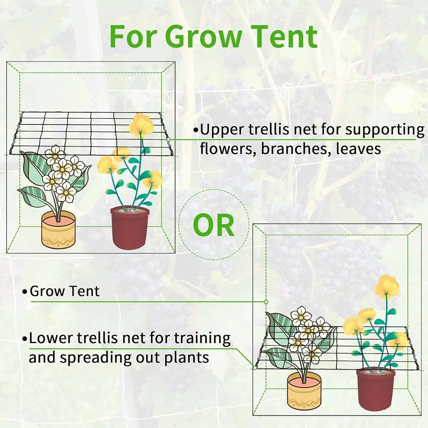 4'' Mesh Grow Tent Trellis Netting, Heavy-Duty Elastic Plant Net with Steel Hooks, Flexible Hydroponics Support for Horticulture