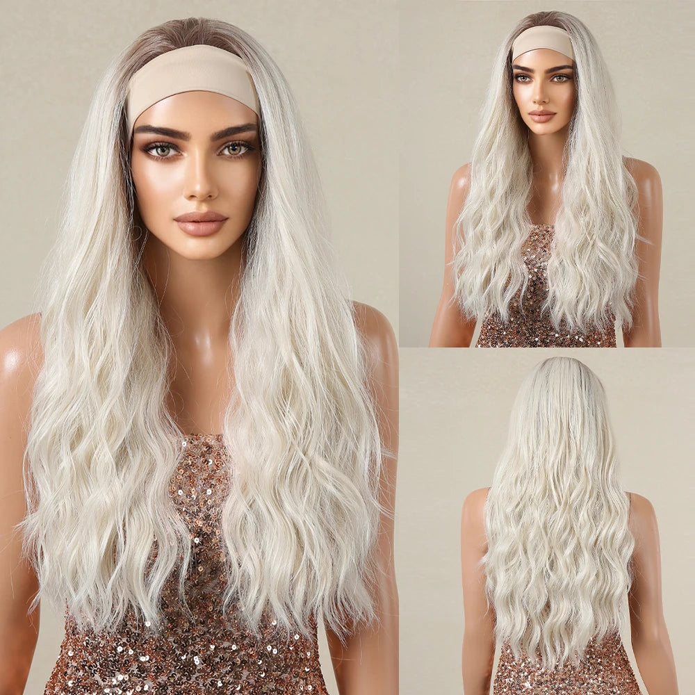 GEMMA Ash Brown Headband Synthetic Wigs Long Natural Wavy Headband Hair Wigs for Women Cosplay Daily Heat Resistant Fake Hair