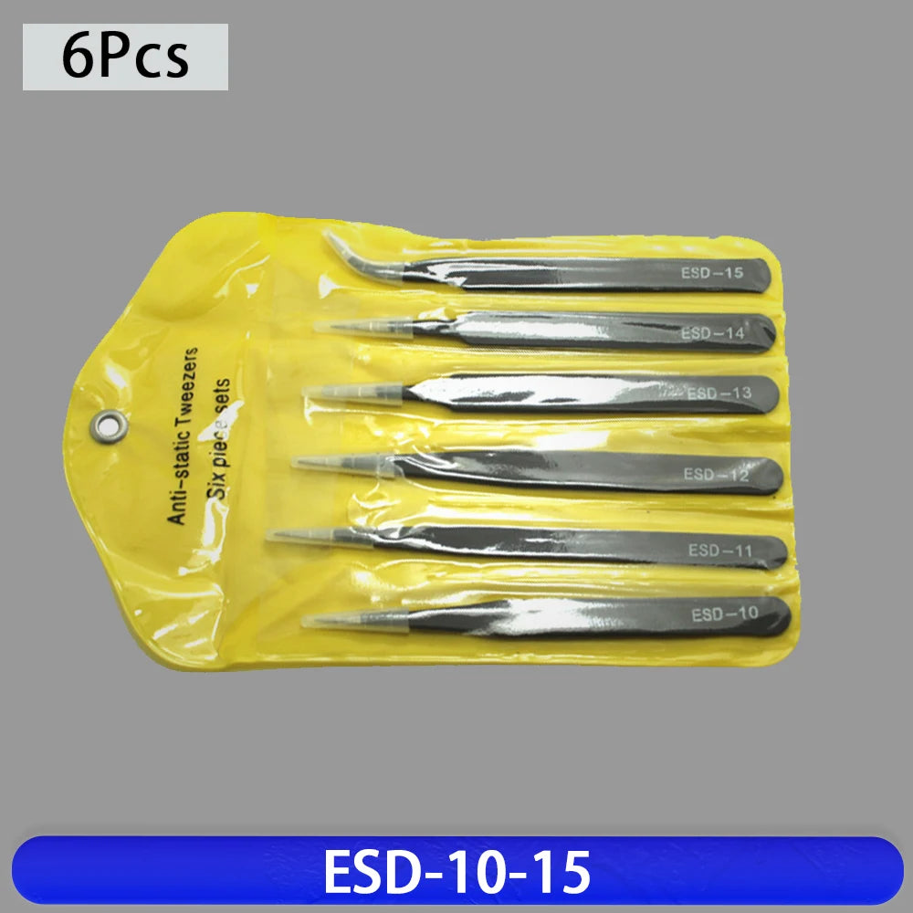ESD Stainless Steel Tweezers 6Pcs Set Precision Maintenance Industrial Repair Curved Tool Home Working Model Making Hand Tool