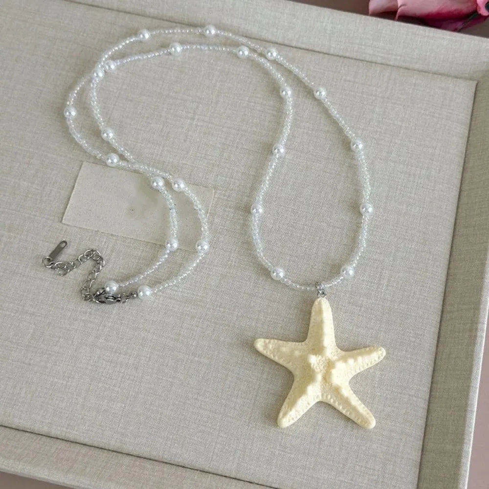 Cute Bohemian Starfish Necklace Beach Surfer Dopamine Bead Trendy Beach Necklace Splicing Colorful Summer Clavicle Chain Gift