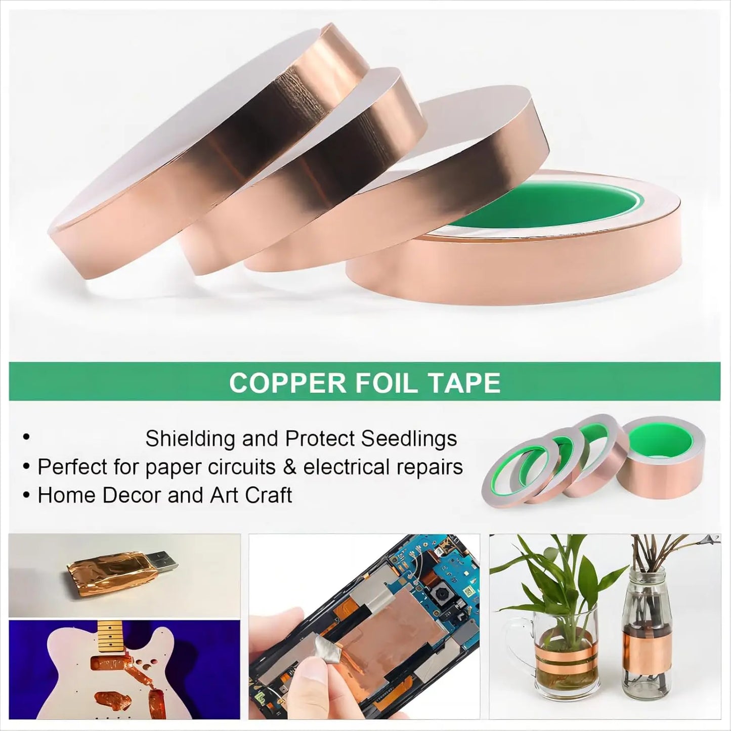 Double-Sided Copper Tape Conductive Copper foil tape for Stained Glass Conductive Tape for Guitar EMI Shielding Crafts