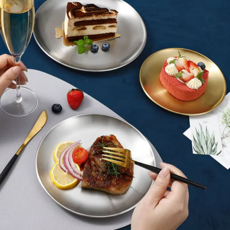 Thickened Stainless Steel Golden Round Fruit Plate Cake Plate Bone Tray BBQ Plate Flat Bottom Shallow Tray