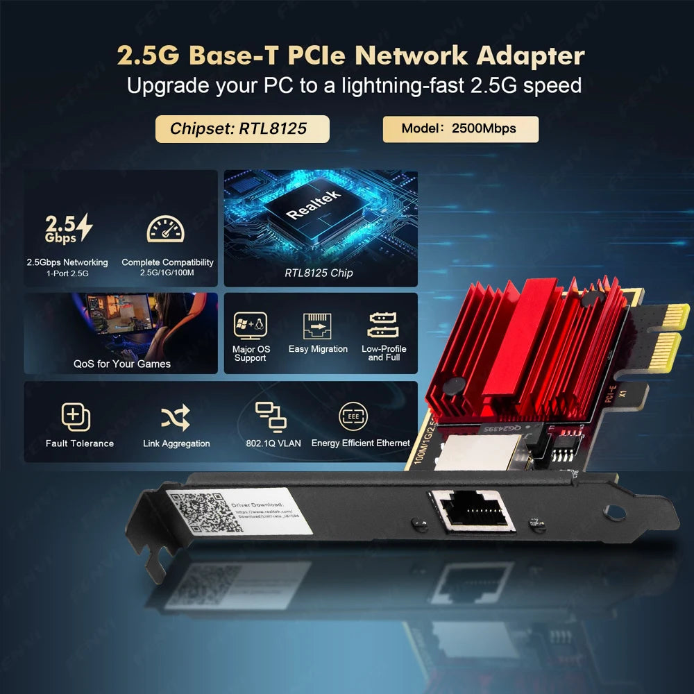 2.5G PCIE To RJ45 Network Card RTL8125B Chip 100/1000Mbps 2.5Gbps Gigabit Ethernet Wired LAN Controller Adapter For Win7/8/10/11