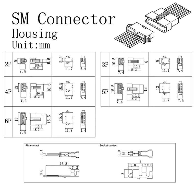 Black JST SM 2.54mm Pitch Connector 2/3/4/5/6/7/8 Pin Male Female Plug Housing Wire Connectors Plastic Shell Crimp Pin Terminal