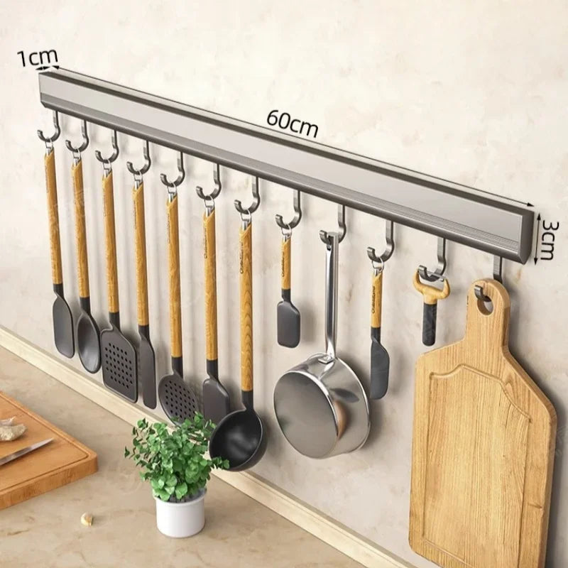 Kitchen Hook Wall Mounted Kitchen Storage Rack Storage Row Hook Holder No Punch Shelves with Movable Hook Kitchen Utensil