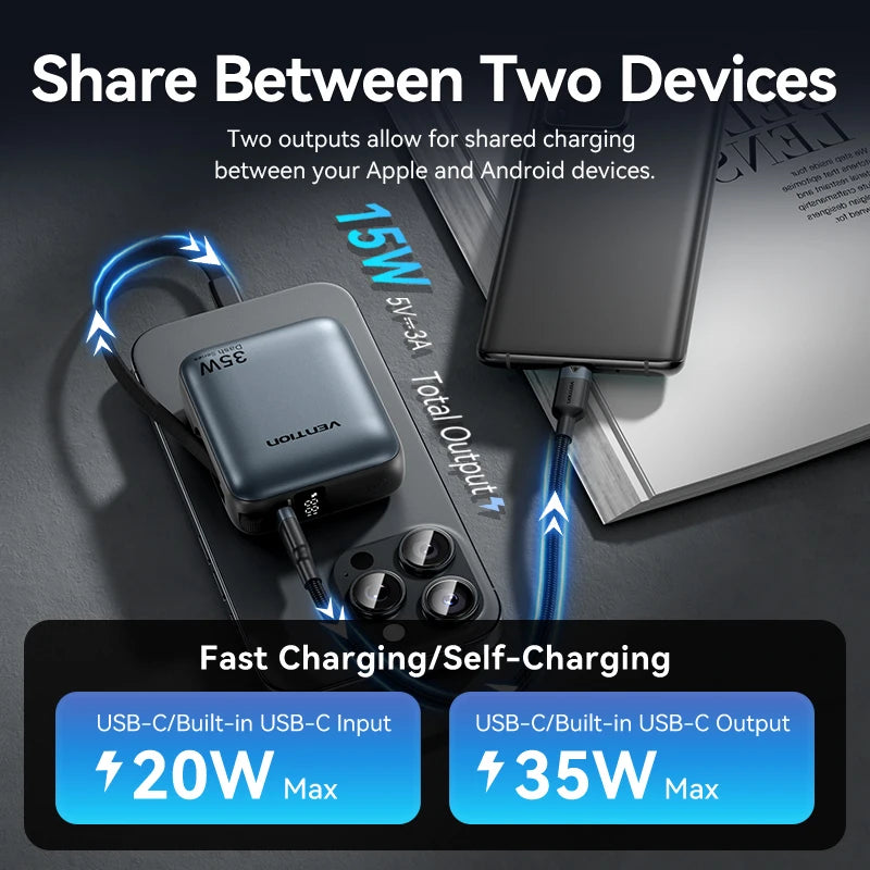 Vention 10000mAh Power Bank Fast Charging PD 35W Portable Mini PowerBank for iPhone 17 16 15 Xiaomi External Battery Charger