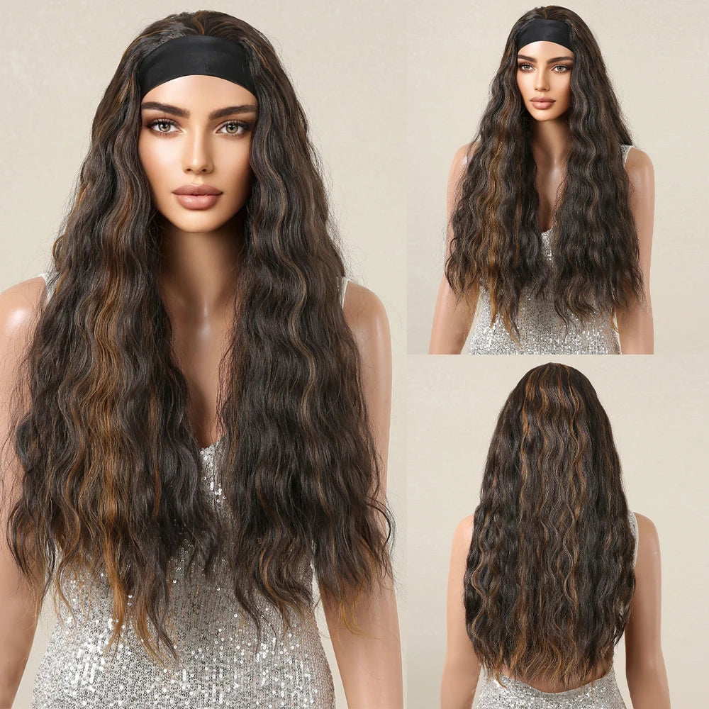 GEMMA Ash Brown Headband Synthetic Wigs Long Natural Wavy Headband Hair Wigs for Women Cosplay Daily Heat Resistant Fake Hair