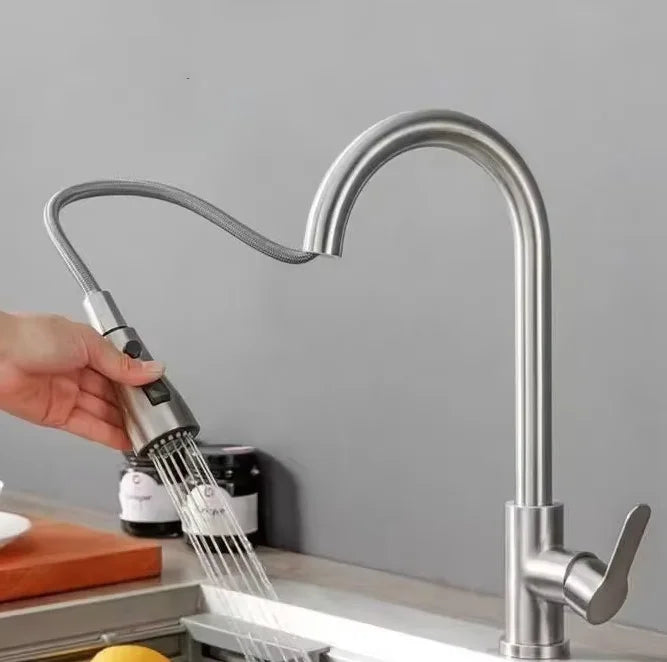 Stainless Steel Kitchen Faucet Single Hole Pull Out Spray 360° Swivel Sink Faucet High Arc Modern Design