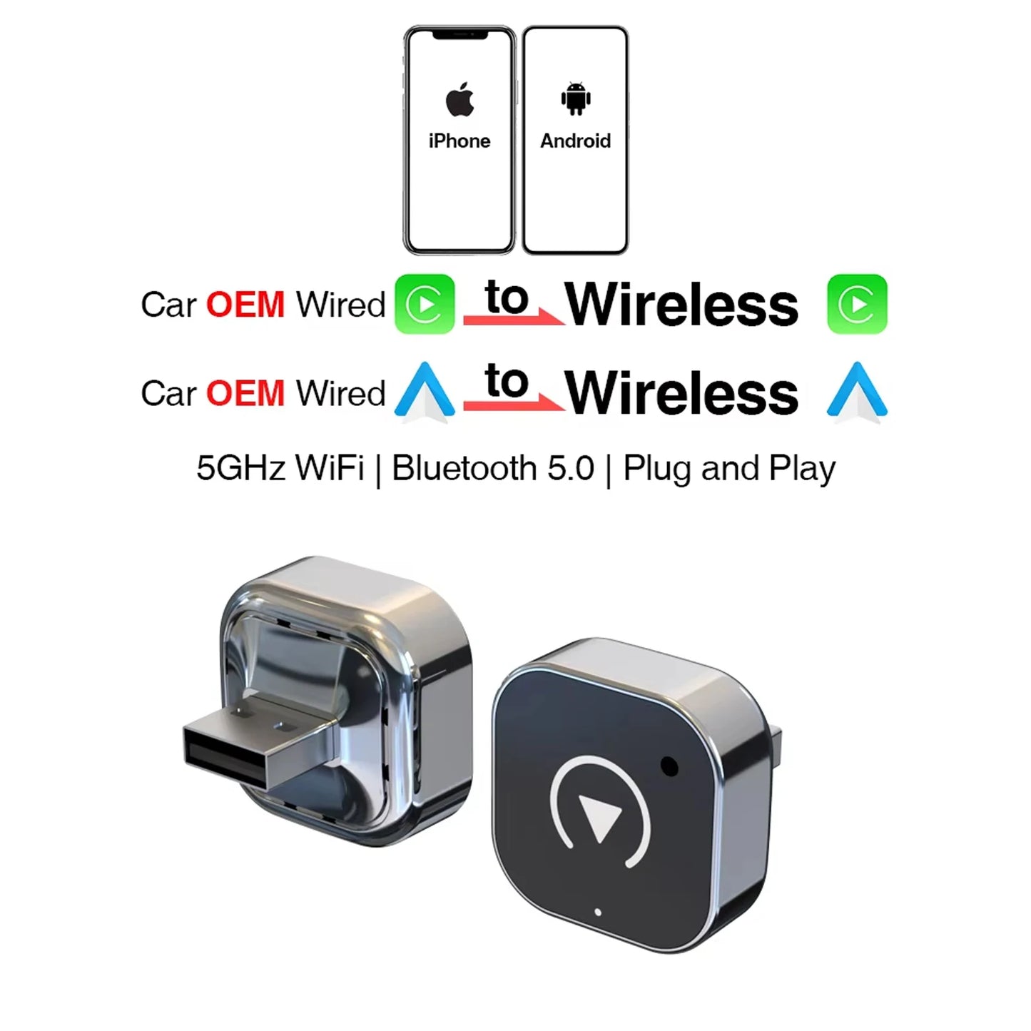Wireless CarPlay Adapter for iPhone -Mini Plug & Play Auto Connect, 5GHz WiFi Low Latency iOS 10+ Compatible with Wired CarPlay