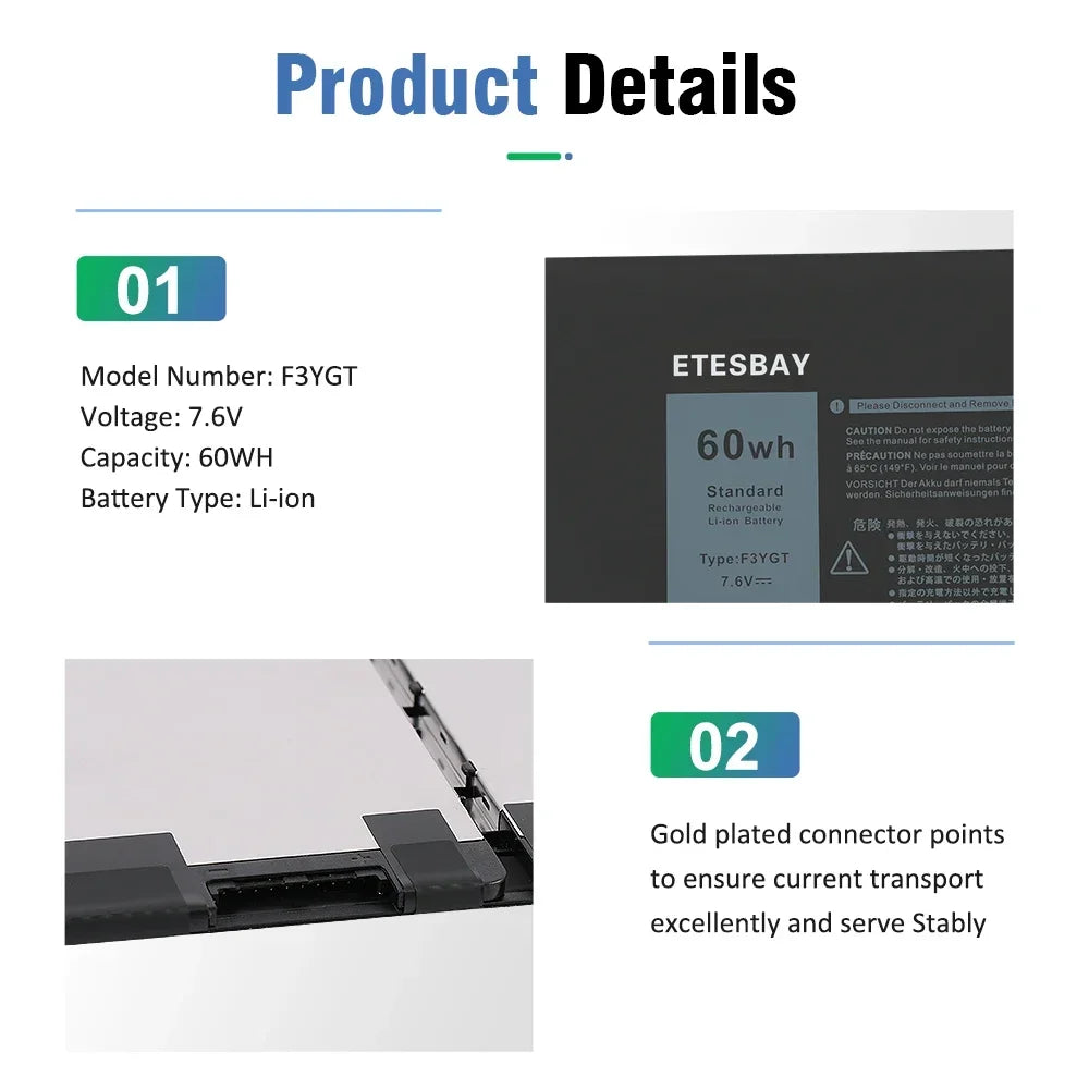 ETESBAY F3YGT 60WH Laptop Battery For Dell Latitude 12 13 14 7280 7290 7380 7390 7480 7490 E7280 E7290 E7380 E7390