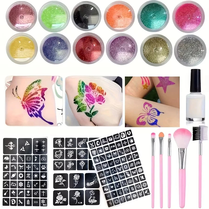 12 Colors of Glitter DIY Flash Tattoo,Includes Multiple Tattoo Templates Glue Brushes Set,DIY Glitter Cartoon Sticker Tattoo Set