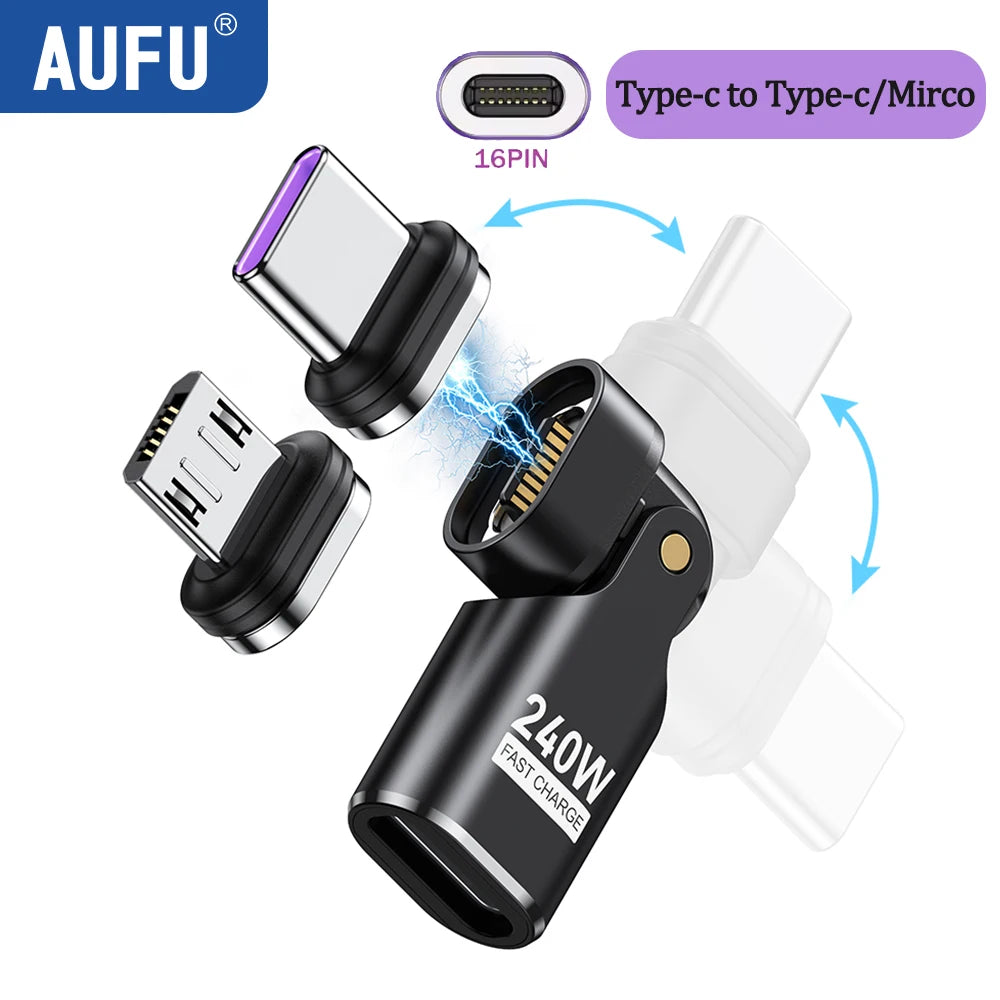 AUFU 240W Type C Adapter 16Pin USB-C to Type-C Fast Charging Cable Magnetic USB C Female Converter for Macbook iPhone 16 15 Xiao