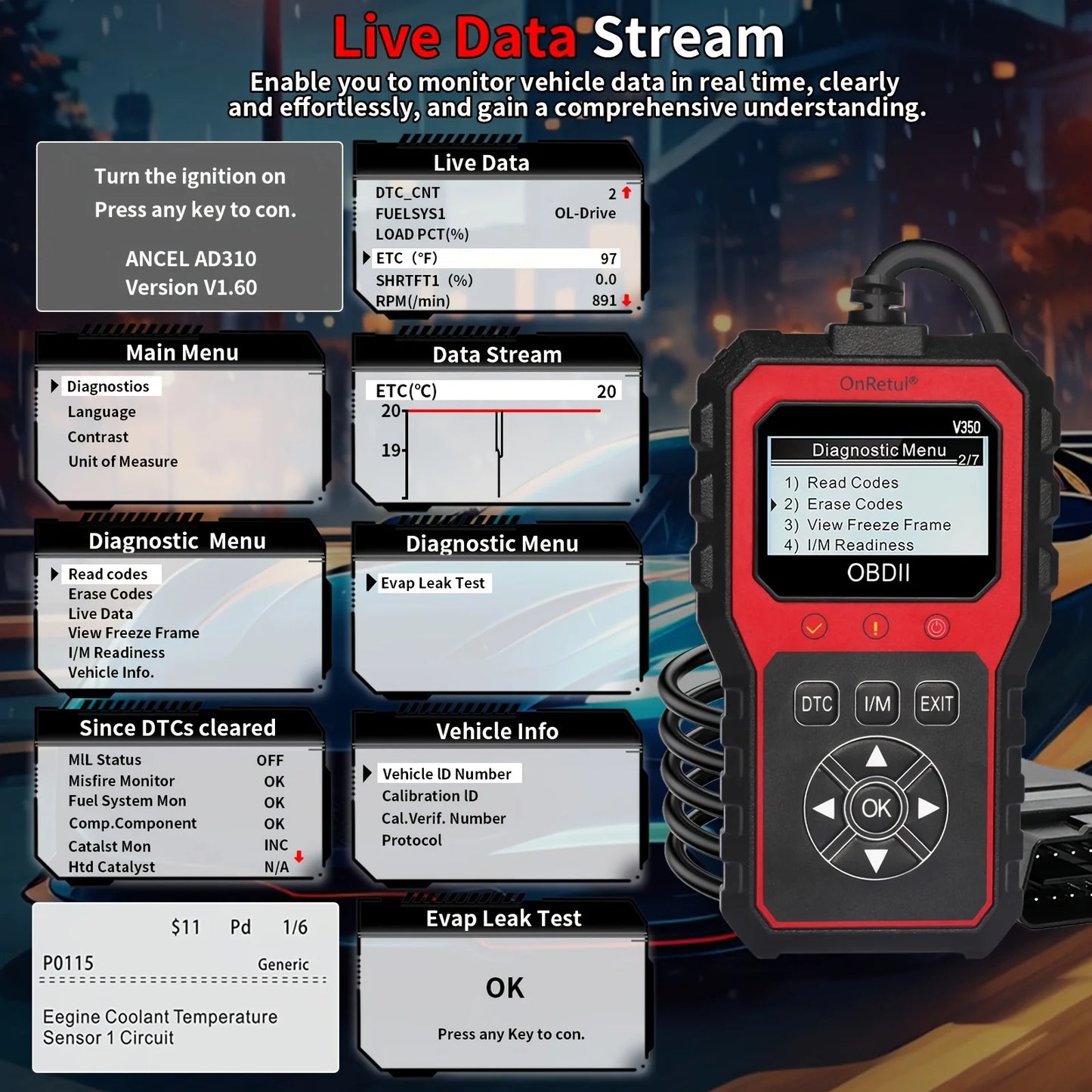 Advanced Obd2 Scanner V350 - Handheld Diagnostic Tool for All Vehicles, Reads Engine Faults, Tests Battery, Analyzes and Tests Engine Performance, 350+ Readiness Check Codes, Dtc Book, 35, 901+ Readiness Check Codes, Vehicle