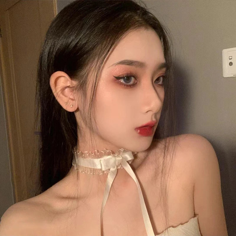 Black Lace Choker For Women Girls Gothic Bowknot Choker With Long Ribbon Lolita Clavicle Chain Necklace Halloween Jewelry Gift
