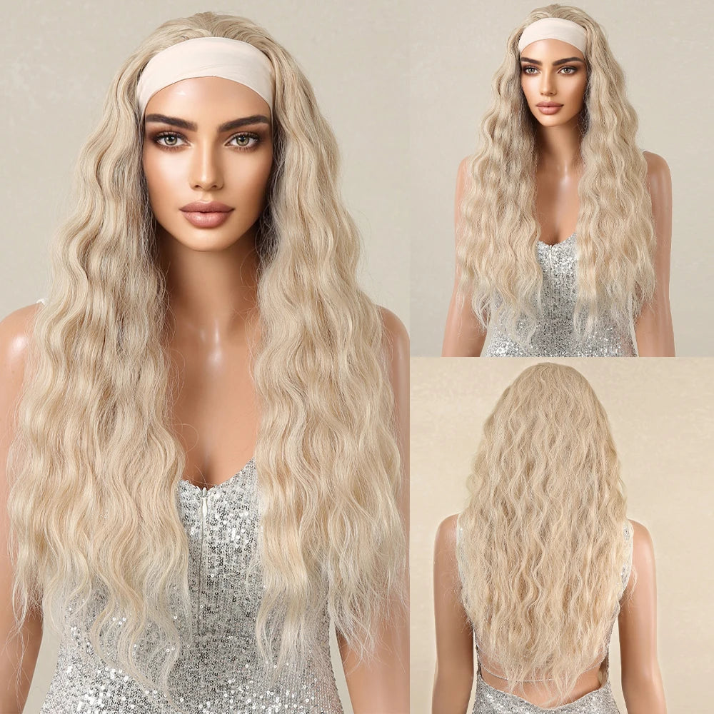 GEMMA Ash Brown Headband Synthetic Wigs Long Natural Wavy Headband Hair Wigs for Women Cosplay Daily Heat Resistant Fake Hair