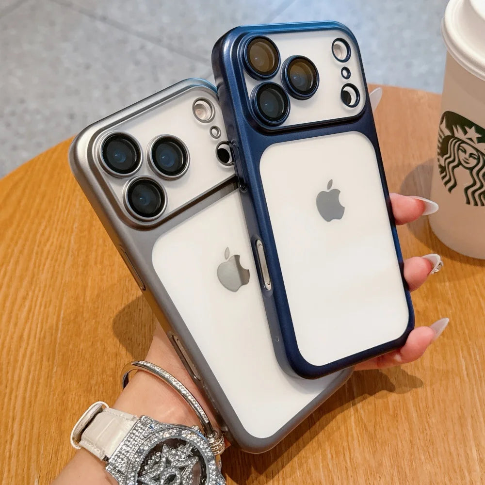 Electroplating Large Window Matte Case For iPhone 17 16 15 14 13 Pro Max Air Ultra Thin Transparent PC Hard Lens Film Cover