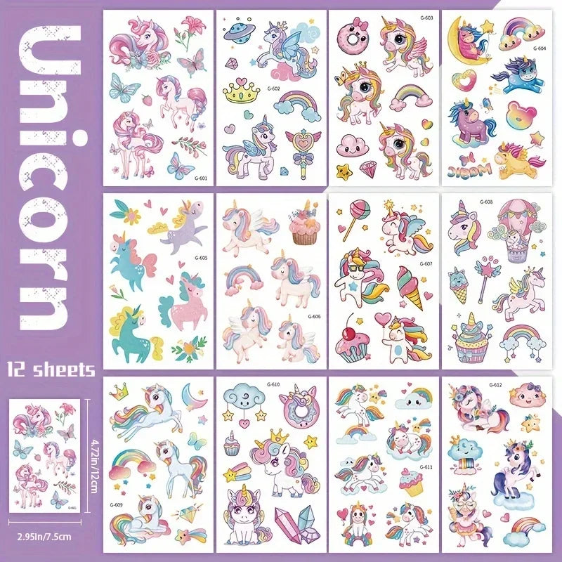 Wholesale 12 Sheets Temporary for Girls, Glitter Birthday Unicorn Tattoos Favors,Rainbow Unicorn Party Decor Supplies